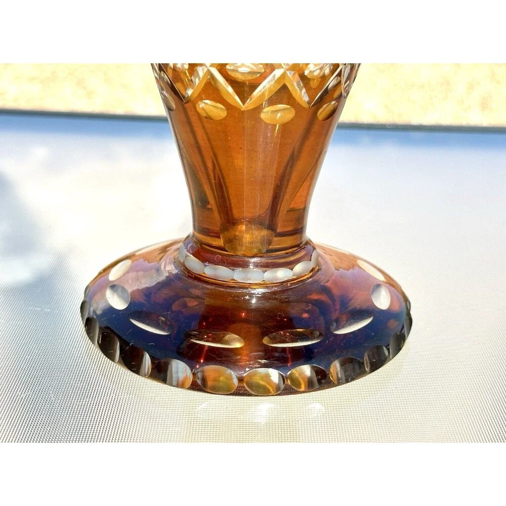 Vintage Bohemian Amber Flash Cut to Clear Glass Vase " Floral Engraved Czech - Picture 14 of 16